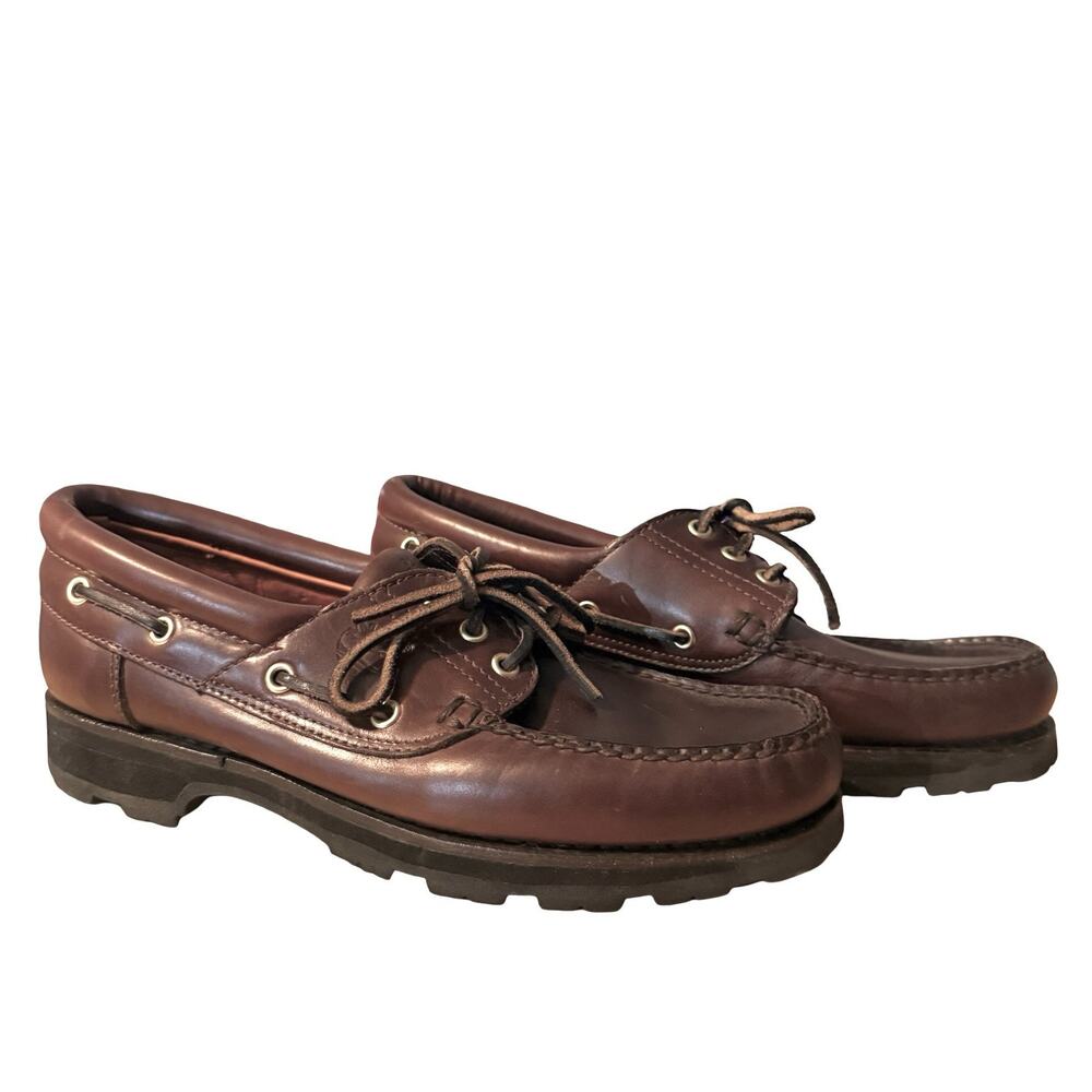 Timberland 3 Eye Lug Hand Sewn Boat Shoes Leather Brown Preppy Casual sz 9.5 M